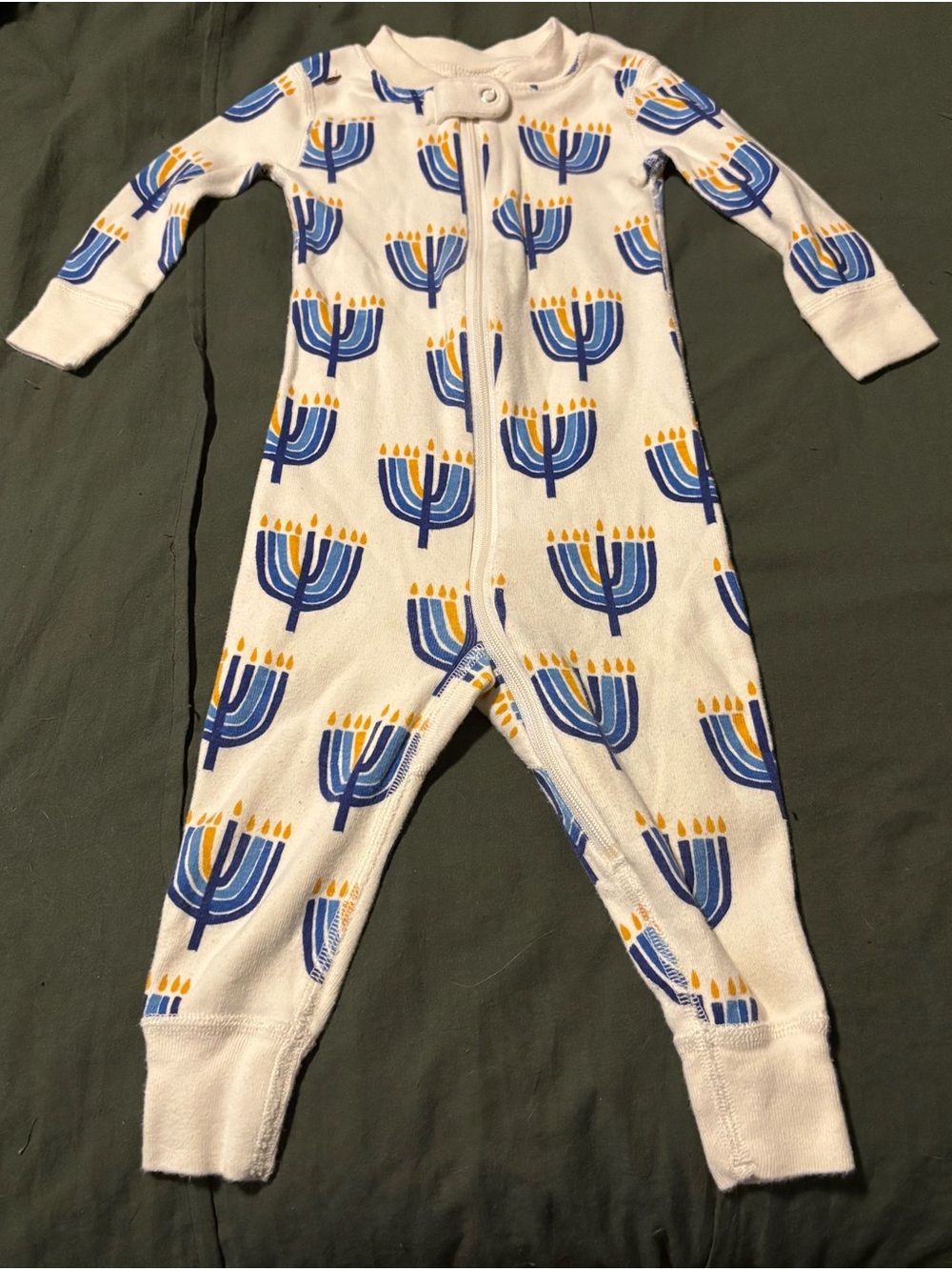 Hanna Andersson Hanukkah Cream Footed One-Piece with Blue & Yellow Menorah Print